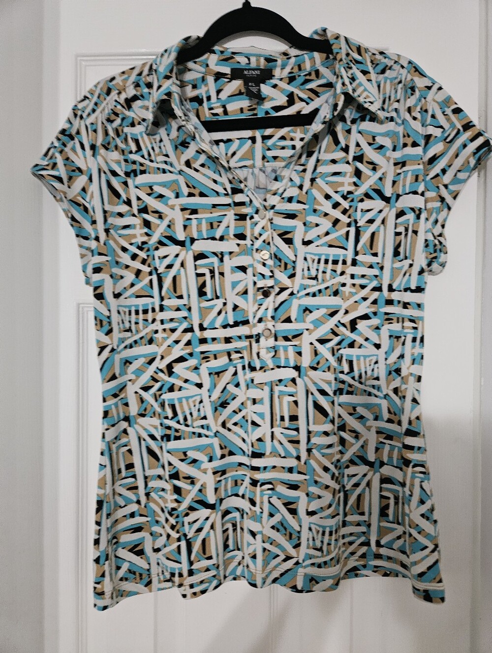 Alfani Petite Abstract Print Polo Top Blue Tan Black White
